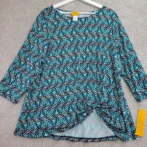 Ruby Rd Must Have Top Woman 1X Teal Geometric Print Twist Front Tunic Flattering